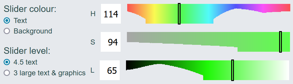 Screen shot showing radio buttons, number input fields and sliders. There are two 'Slider colour' radio buttons with the values of 'Text' and 'Background'. The text option is currently selected. The number input fields represent a green colour with the 'H' value '114', 'S' value '94' and 'L' value '65'. There are also two 'Slider level' radio buttons with the values of '4.5 text' and '3.0 large text & graphics'. The '4.5 text' option is currently selected.