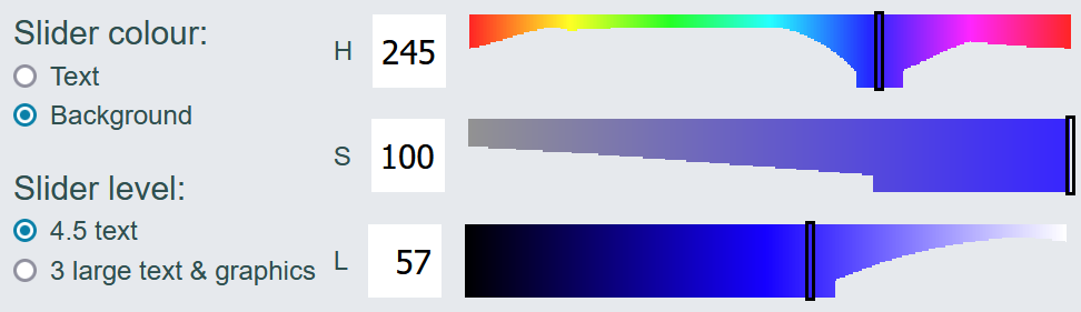 Screen shot showing radio buttons, number input fields and sliders as previous, however, the 'background' radio button is now selected. The number input fields and sliders have changed accordingly to represent a blue colour with 'H' value '245', 'S' value '100' and 'L' value '57'. This is reflected in the sliders as the slider positions, colours and heights have changed.