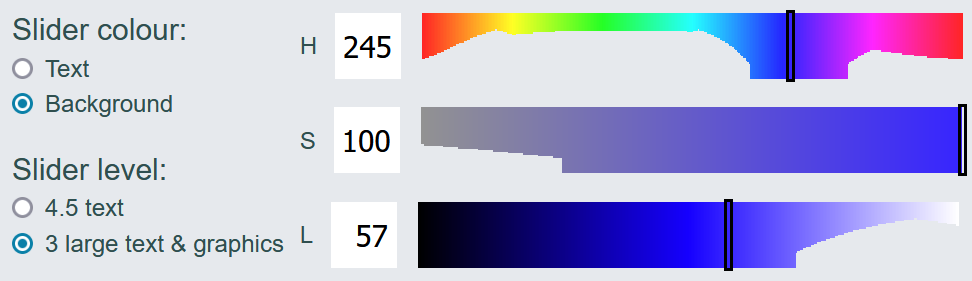 Screen shot showing radio buttons, numbers input fields and sliders as previous but with the '3 large text & graphics' radio button selected. The only change other change is that the slider heights have changed.