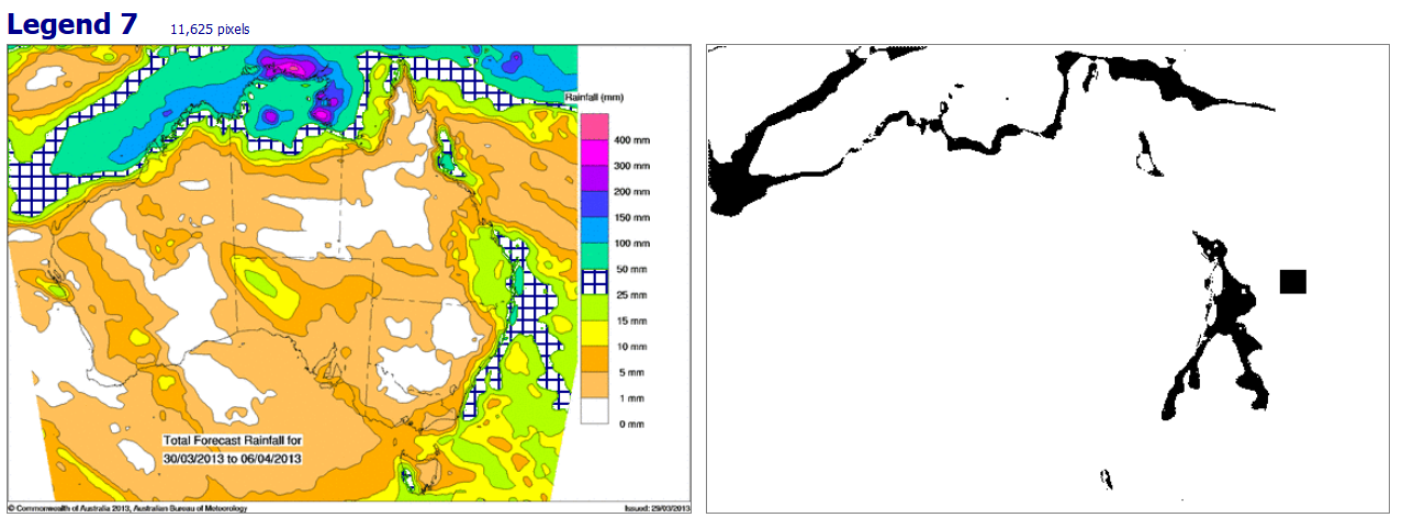 Map of Australia showing total forecast rainfall between 30 March and 06 April 2013. On this map, the green colour is replaced with a black grid on a white background. This has been done on both the map and in the legend. A second map shows the green colour replaced with a black fill and all other content removed.