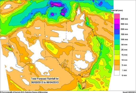 Map of Australia showing total forecast rainfall between 30 March and 06 April 2013. The map is divided into areas with different colours. A legend indicates which amount of rain each colour represents e.g. green is between 25 and 50mm. Copyright Commomwealth of Australia 2013. Australian Bureau of Meteorology. Issued 29 March 2013